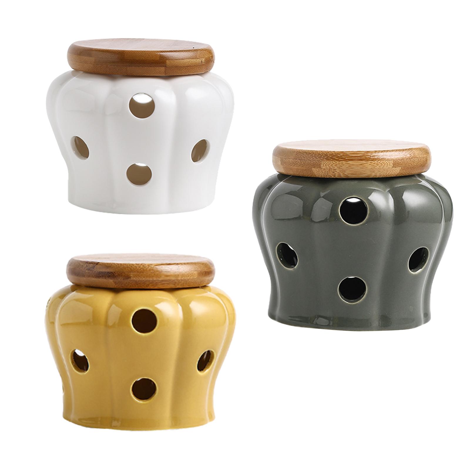 Ceramic Garlic Keeper with woo - Food Storage Jars With Wooden Lids 评论和价格