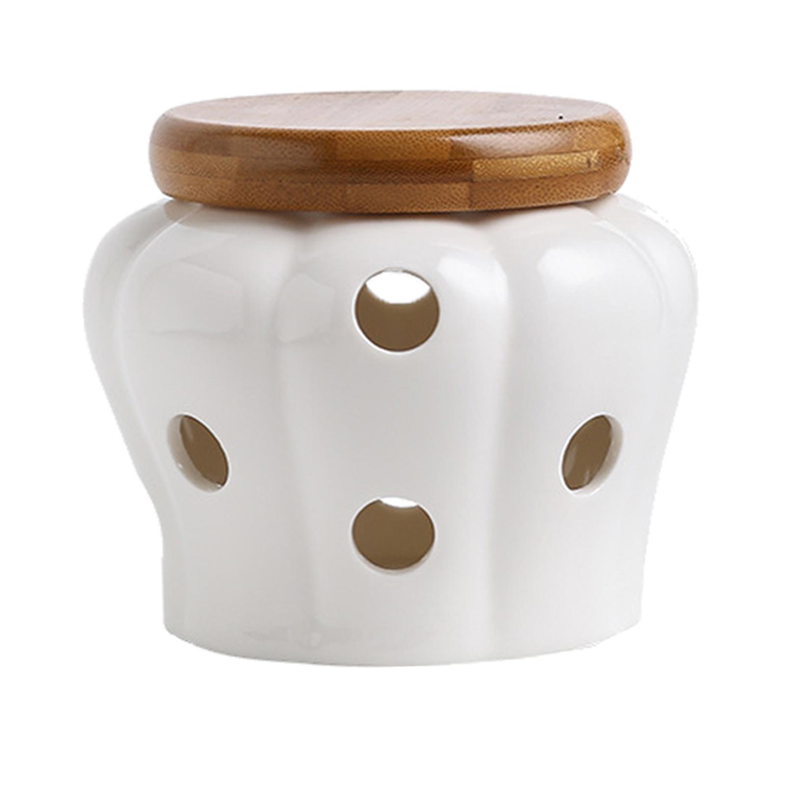 Ceramic Garlic Keeper with woo - Food Storage Jars With Wooden Lids 评论和价格