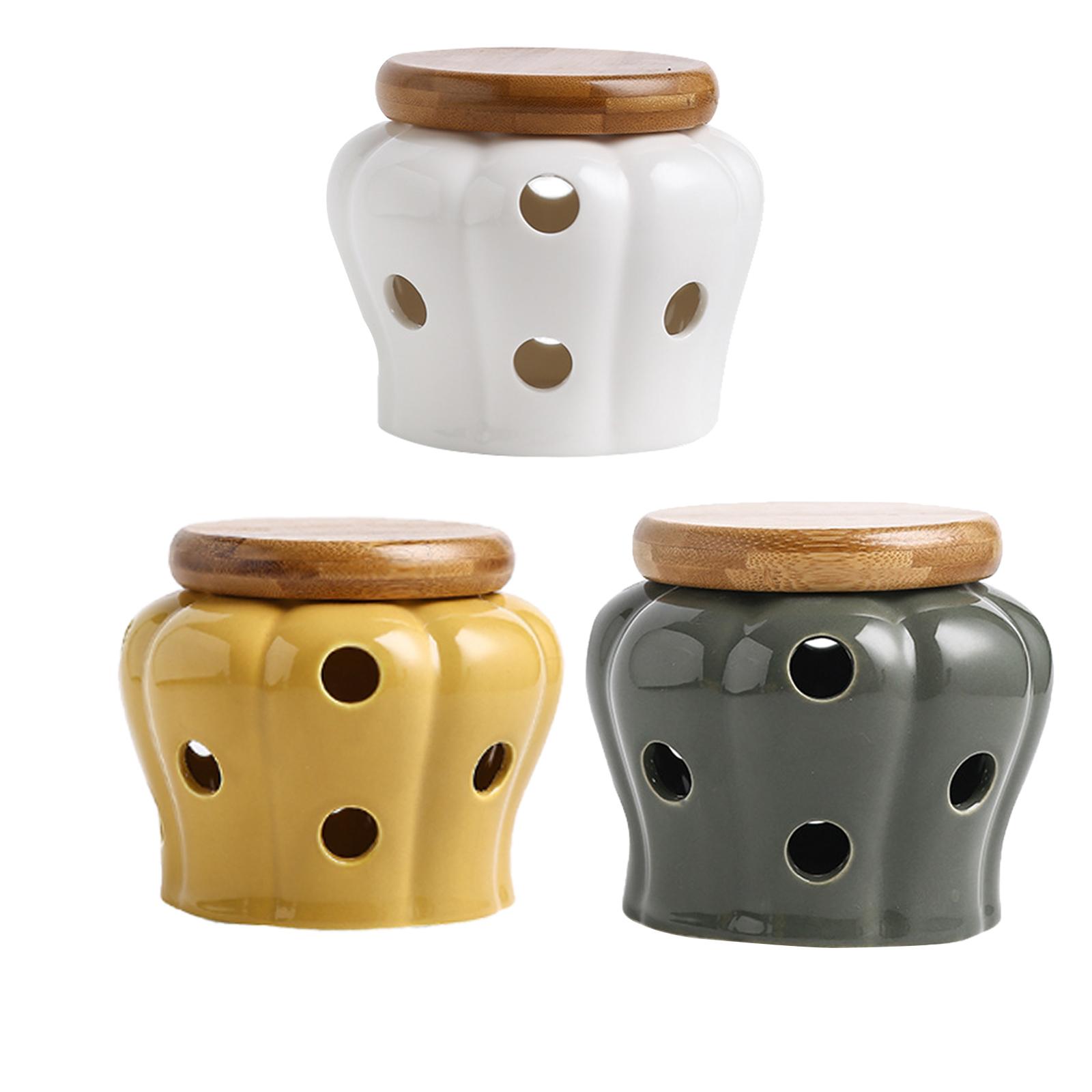Ceramic Garlic Keeper with woo - Food Storage Jars With Wooden Lids 评论和价格