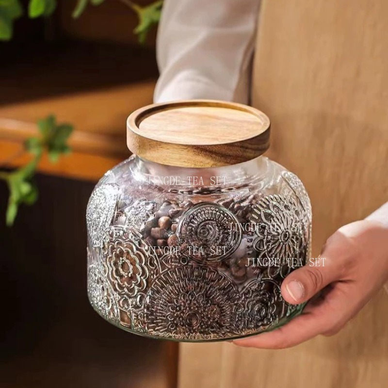 Embossed Glass Storage Jar Woo - Food Storage Jars With Wooden Lids 评论和价格