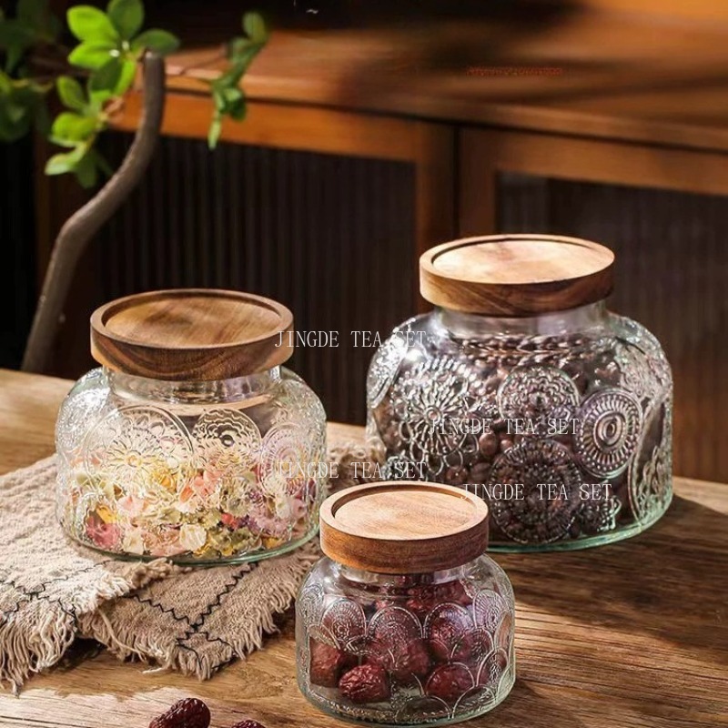 Embossed Glass Storage Jar Woo - Food Storage Jars With Wooden Lids 评论和价格