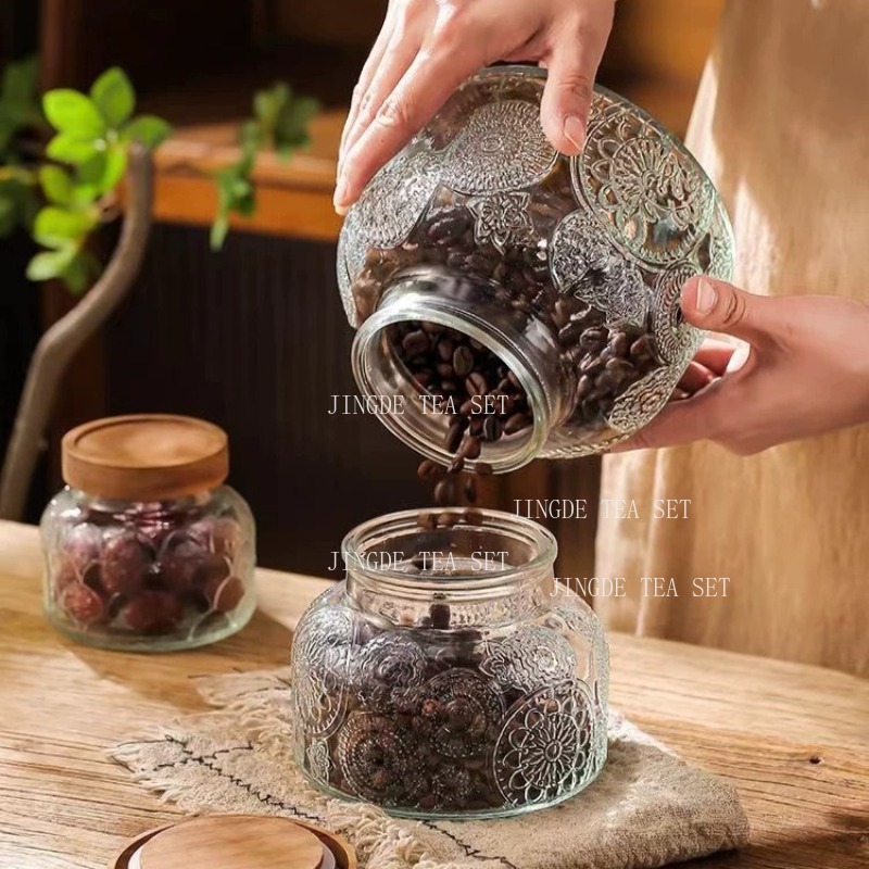 Embossed Glass Storage Jar Woo - Food Storage Jars With Wooden Lids 评论和价格