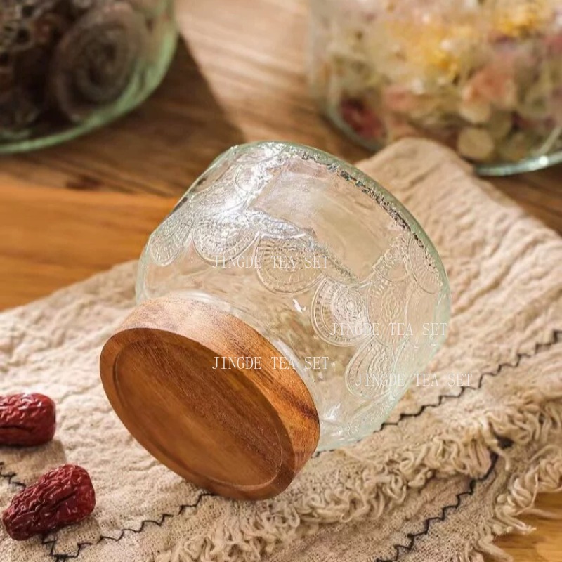 Embossed Glass Storage Jar Woo - Food Storage Jars With Wooden Lids 评论和价格